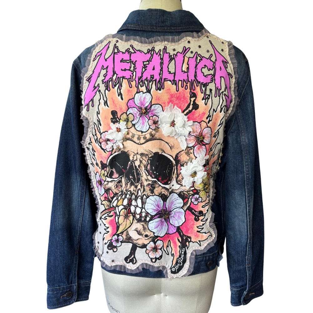 Upcycled by Me: Metallica Rockstar Blue Denim Jean Jacket Skull Floral Design XL